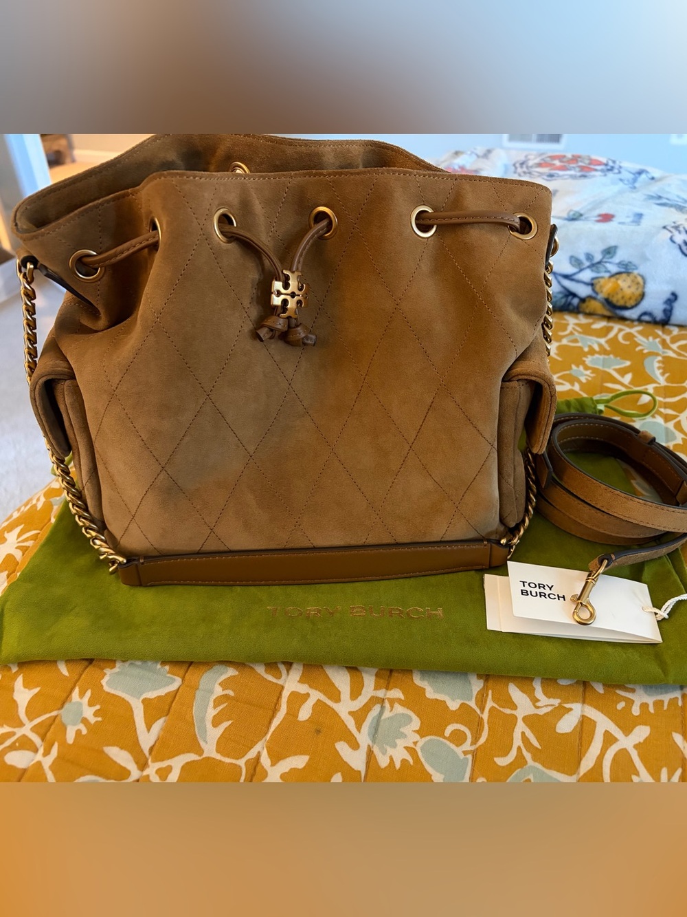 Tory Burch Charlie Quilted Suede Drawstring Shoulder Bag